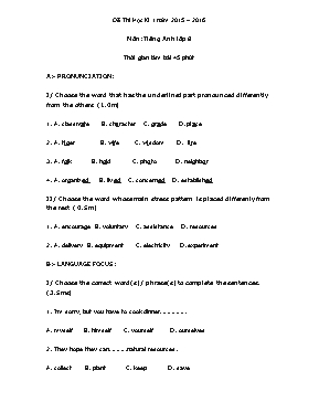 Đề thi học kì I Tiếng anh lớp 8 - Năm học 2015-2016 - Trường THCS Hoa Lư